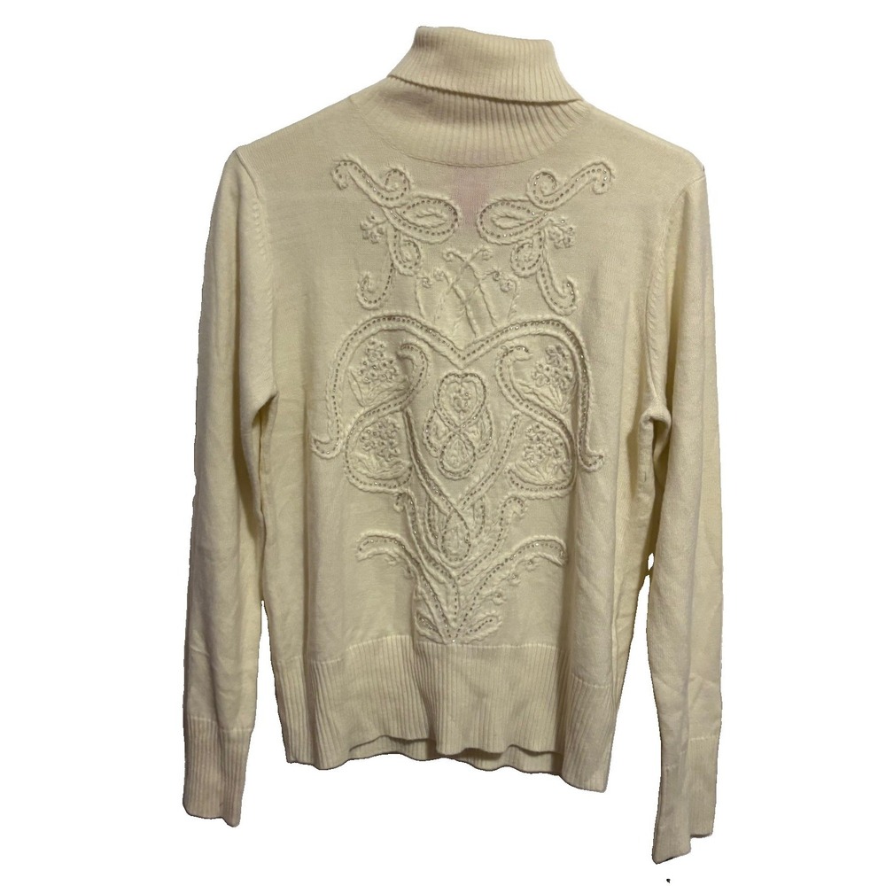 Oscar de La Renta Embroidered Beaded cream Turtleneck Sweater Top Sz Medium M